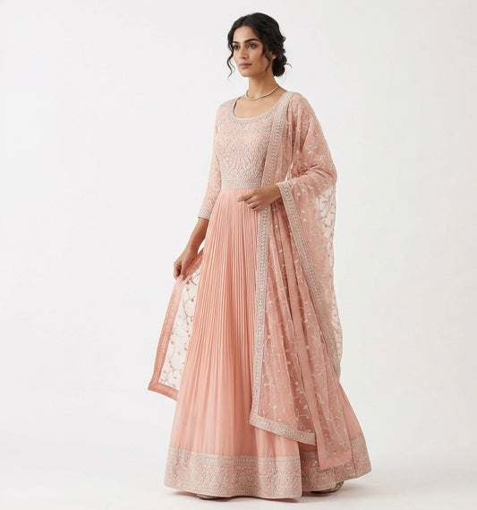 Peach Embroidered Partywear Anarkali Gown