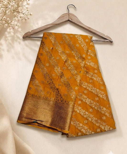 Semi Benarasi Saree in Mustard Yellow with diagonal floral zari weave and woven border