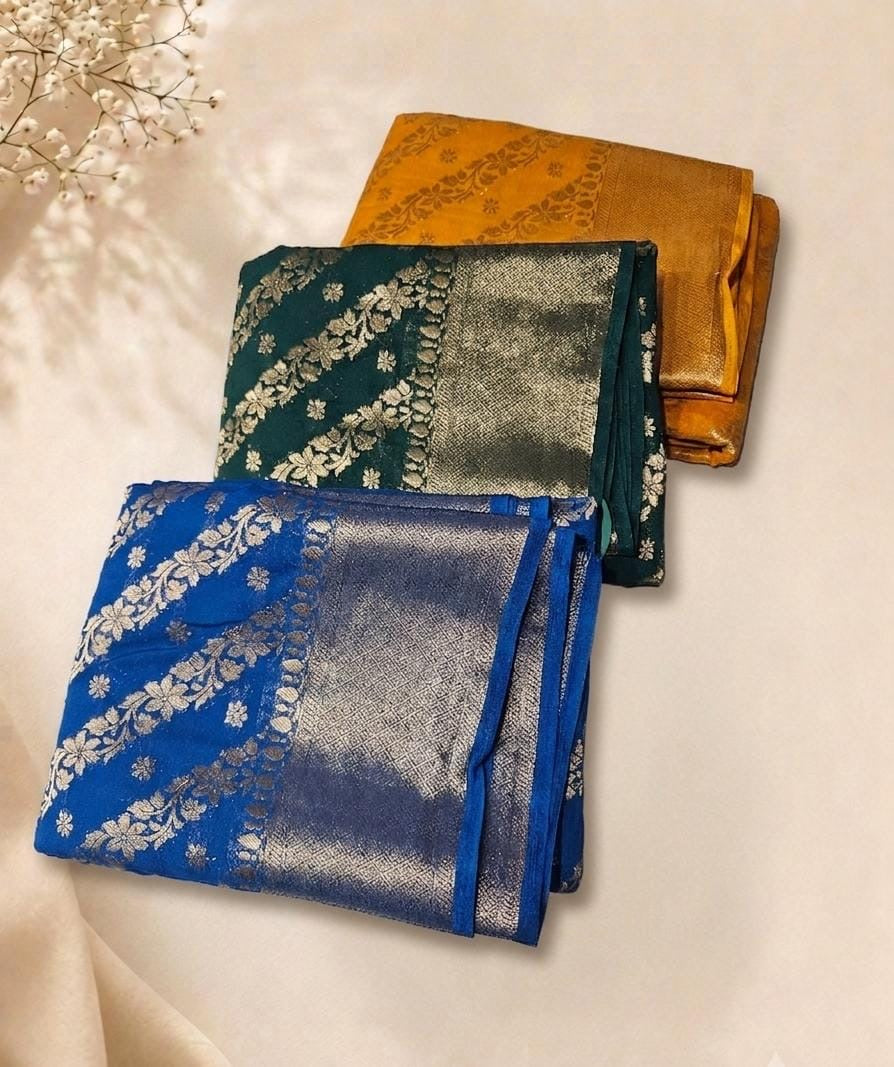 Semi Benarasi Saree in Mustard Yellow, Teal Green and Royal Blue with floral zari weave