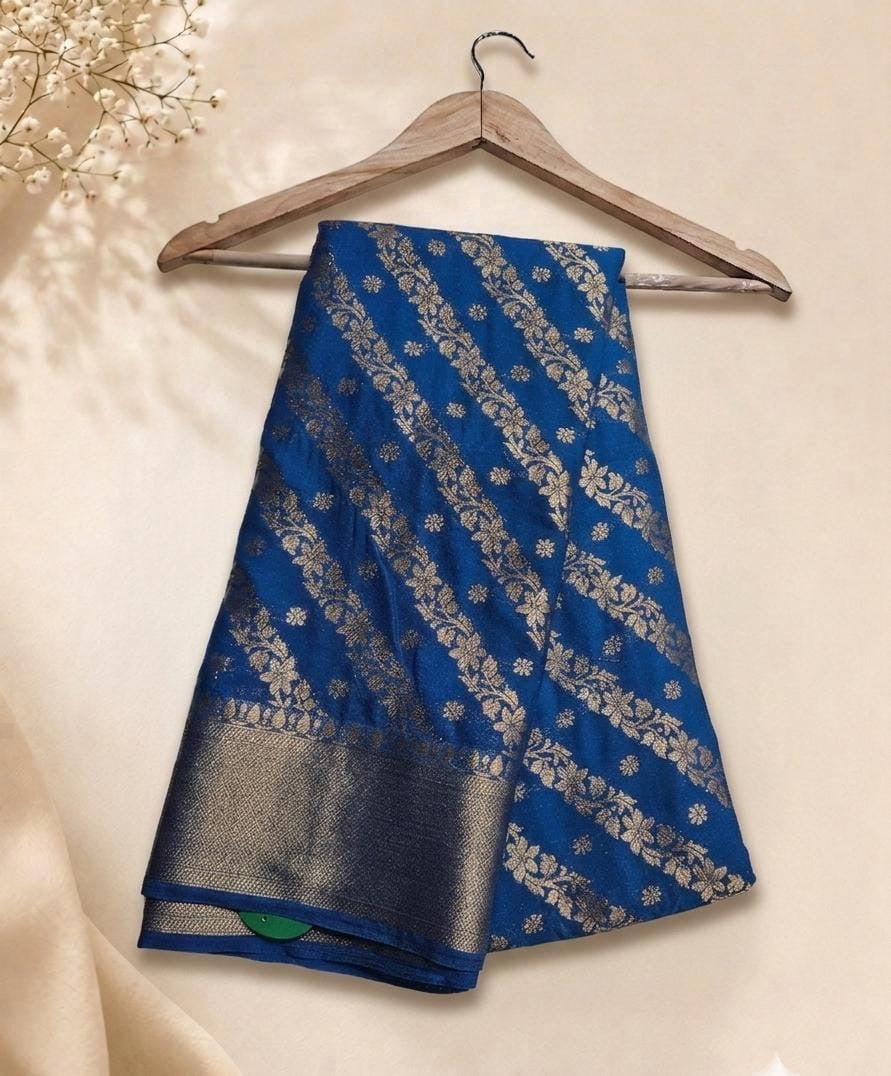 Semi Benarasi Saree in Royal Blue with diagonal floral zari weave and woven border