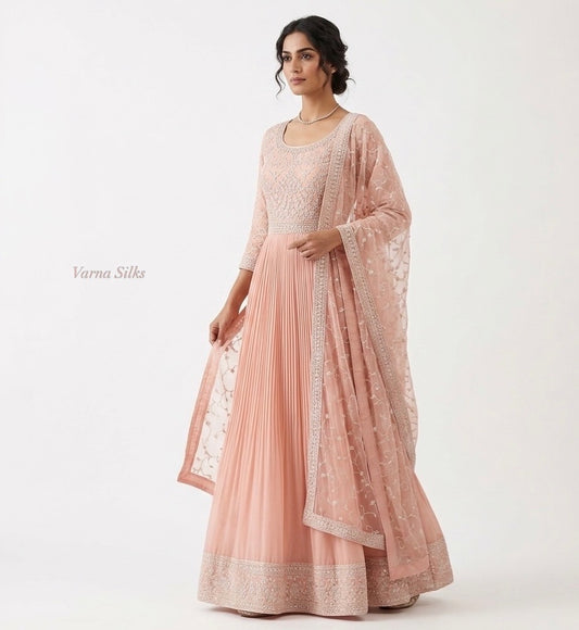 Peach Embroidered Partywear Anarkali Gown