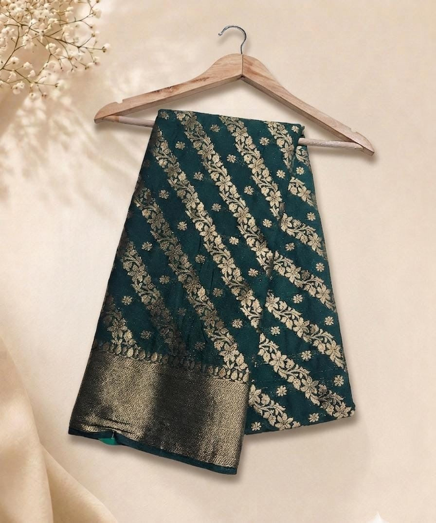 Semi Benarasi Saree in Teal Green with diagonal floral zari weave and woven border