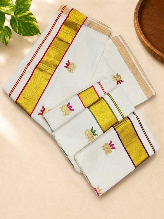 Kerala cotton saree with gold zari border and lotus embroidery