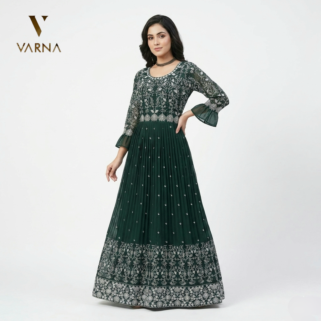 Green Embroidered Partywear Gown